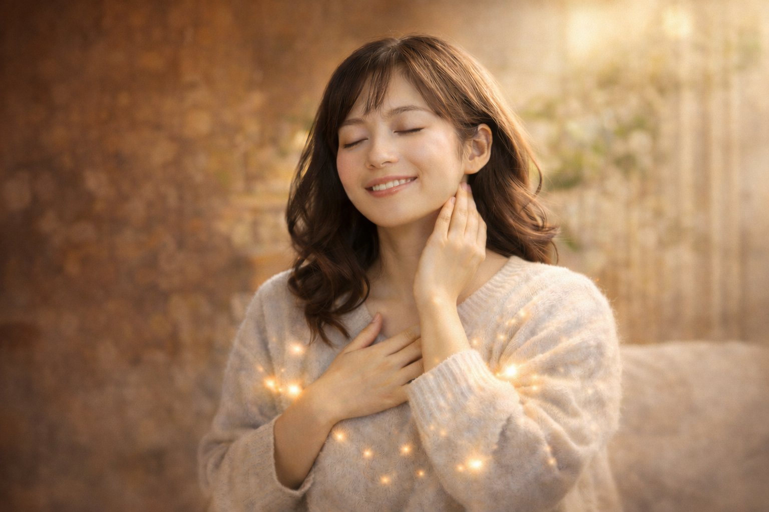 温めることで体がラクになり安心している女性