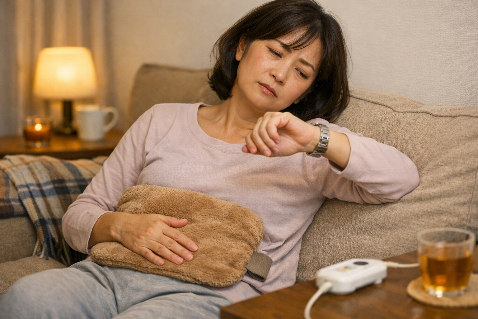 どれくらい温めればいいか迷っている女性が、カラダの反応に気づいている様子