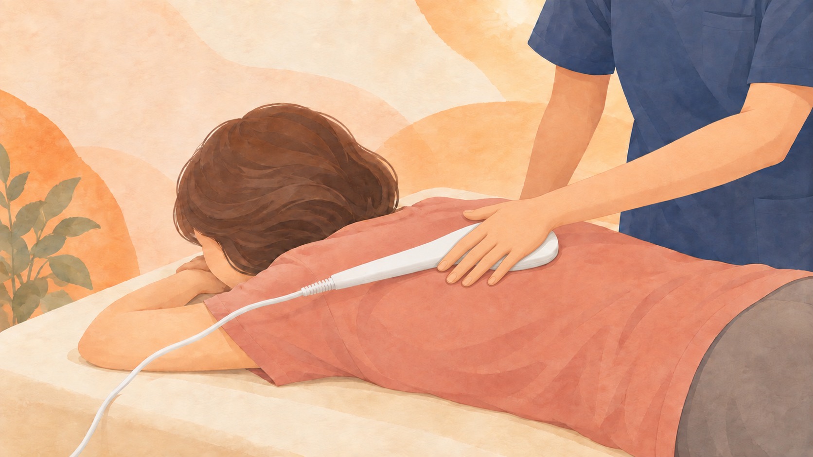 うつ伏せで力を抜いた女性の背中に、温熱器を当てる施術者の手